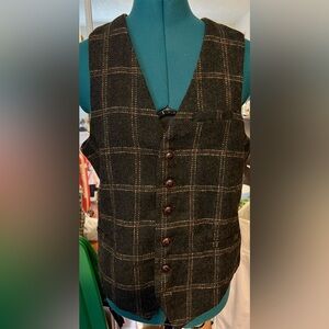 Voboom Dark Olive Wool  Plaid Button-Up Vest Size S